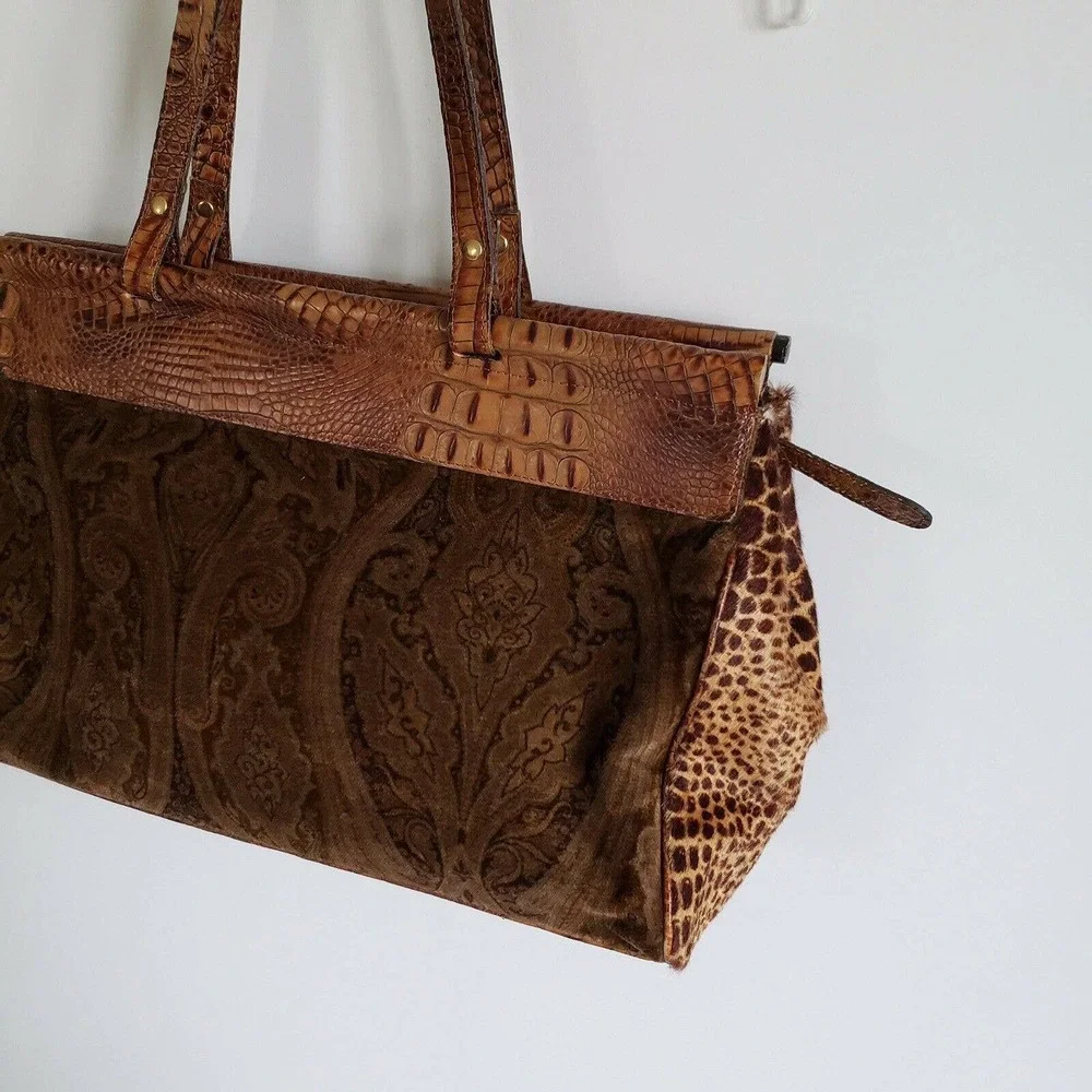 Rare Clever Carriage Company Brown Pony Hair Croc Embossed Leather Large Tote